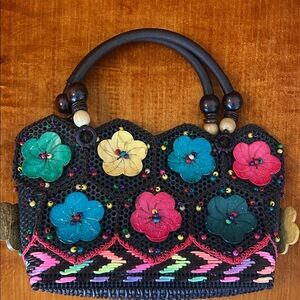 Vintage Handmade Colorful Coconut Wood Floral Crochet Beaded Handbag